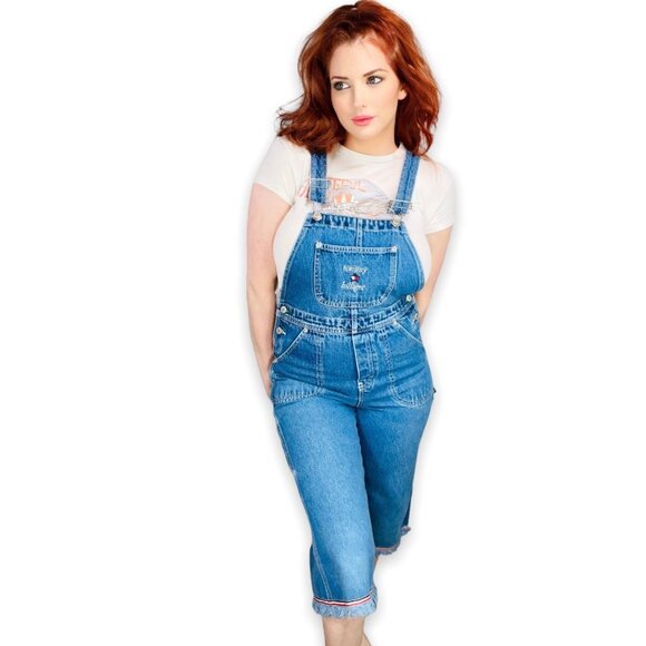 Vintage Y2K Tommy Hilfiger Logo Cutoff Denim Overalls Y Medium / Womens XS - Picture 1 of 16